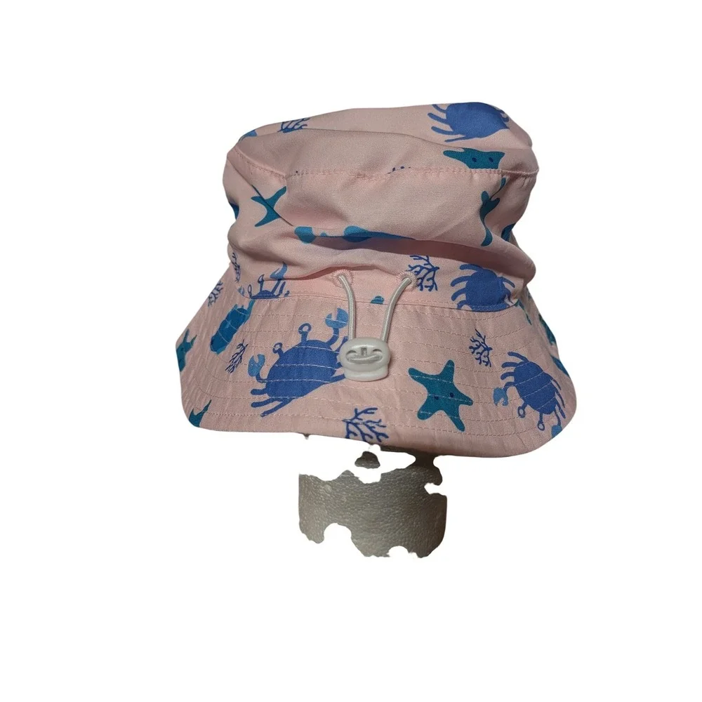 Kids Pink‎ Blue Sea Life Marine Print Bucket Sun Hat with Chin Strap Toggle